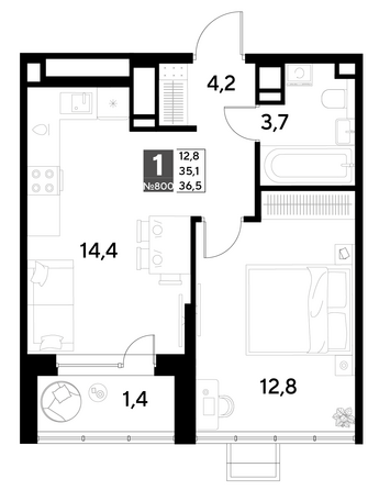 Планировка 1-комн 35,6 - 36,6 м²