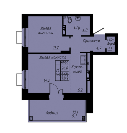 Планировка 2-комн 47,5, 54 м²