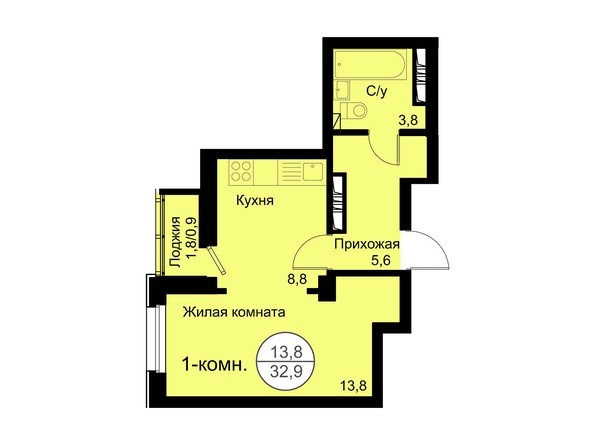 Планировка 1-комнатной квартиры 32,9 кв.м