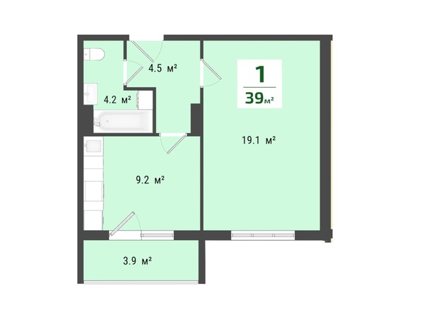 Планировка 1-комн 39 м²