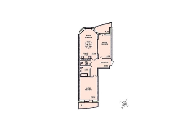 Планировка трехкомнатной квартиры 79,79 кв.м