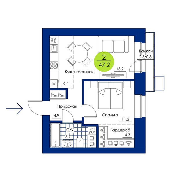 Планировка 2-комн 47,2 м²