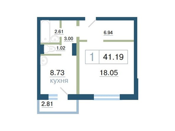 Планировка однокомнатной квартиры 41,19 кв.м