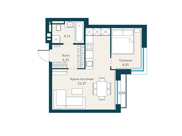 Планировка 1-комн 39,21, 39,27 м²