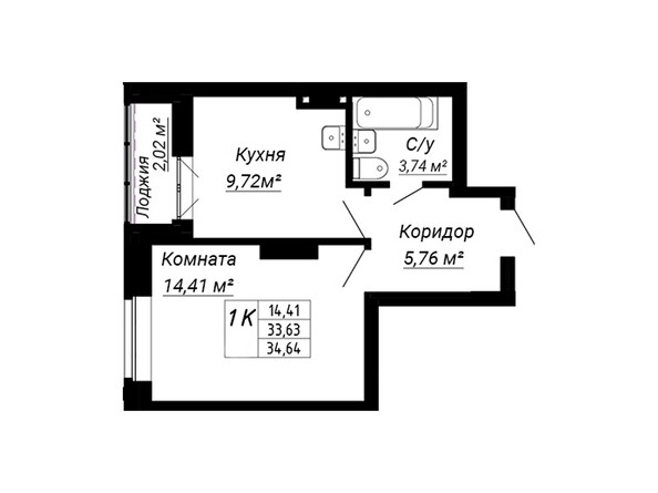Планировка однокомнатной квартиры 34,64 кв.м