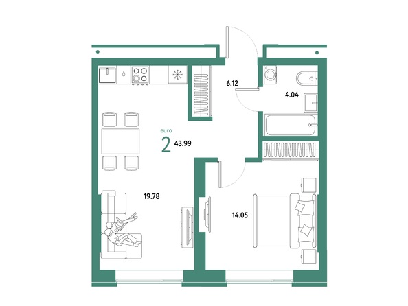 Планировка 2-комн 43,99 м²