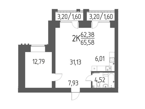 Планировка 2-комн 65,58 м²