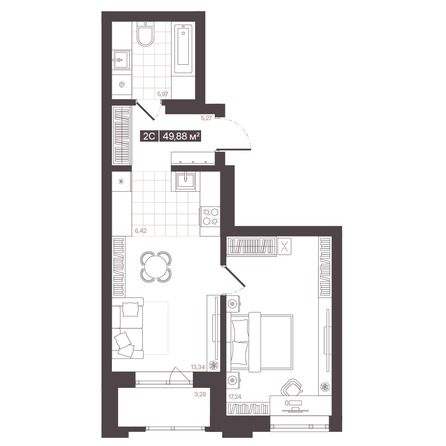 Планировка 2-комн 49,88 м²