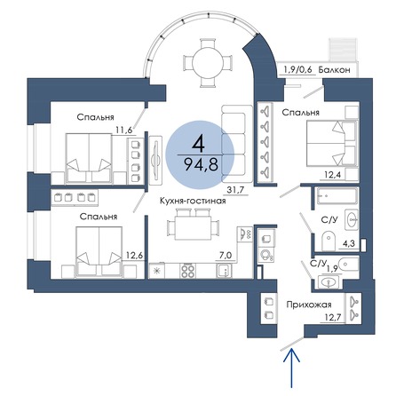 Планировка 4-комн 94,8 м²