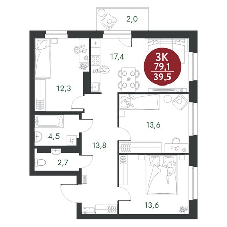 Планировка 3-комн 79,1 м²