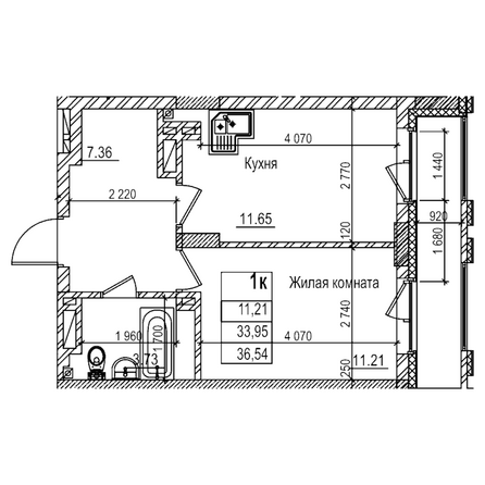 Планировка 1-комн 33,9, 34,3 м²
