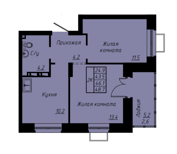 Планировка 2-комн 46,1 м²