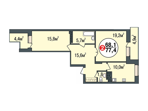 Планировка двухкомнатной квартиры 77,4 кв.м