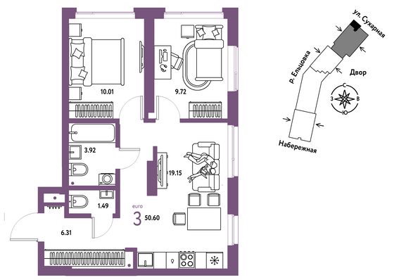 Планировка 3-комн 50,6, 51,28 м²