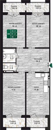 Планировка 3-комн 89,1 м²