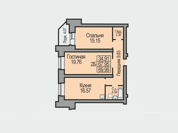 Планировка двухкомнатной квартиры 69,99 кв.м
