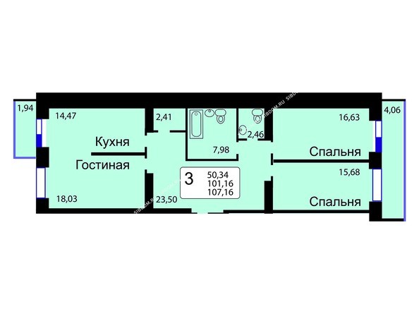Б/С - 12. Планировка трехкомнатной квартиры 107,16 кв.м. Этажи 10-16.