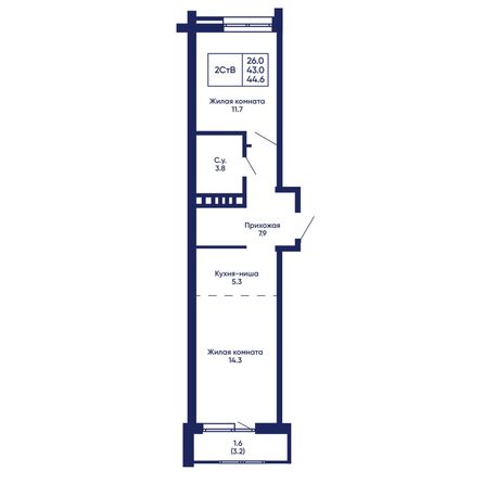 Планировка 2-комн 44,6, 44,8 м²