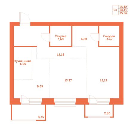 Планировка 2-комн 75,26 м²