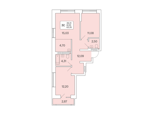 Планировка 3-комн 63,35 м²