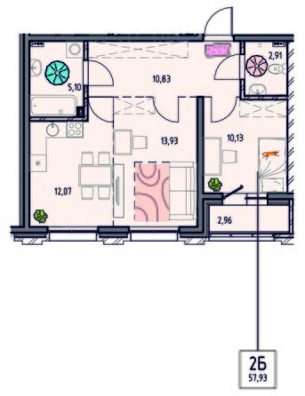 Планировка 2-комн 56,64 - 57,93 м²