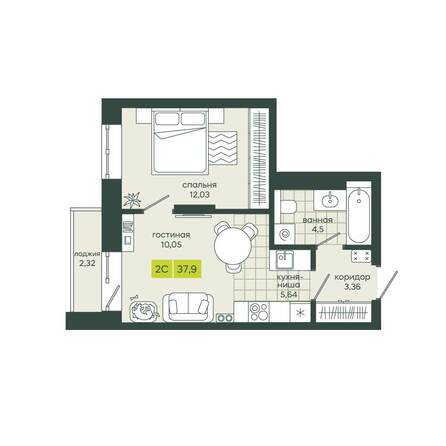 Планировка 2-комн 37,9 м²