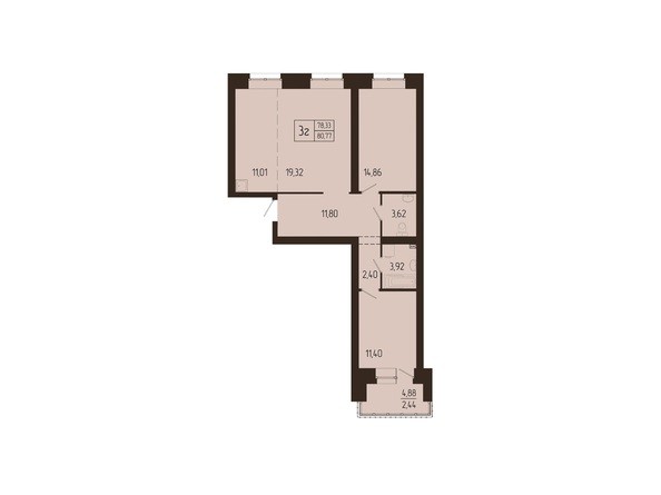 Планировка трехкомнатной квартиры 80,77 кв.м