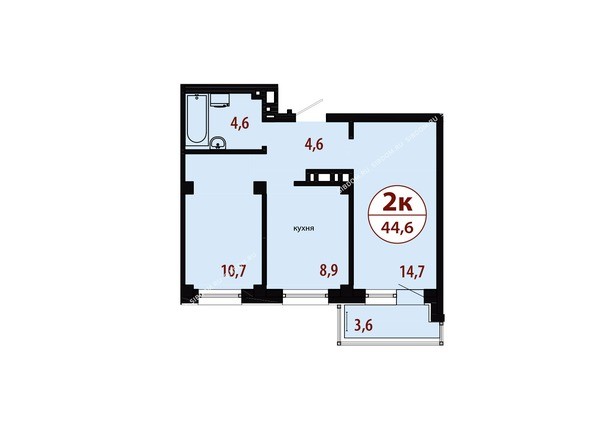 Секция 3. Планировка двухкомнатной квартиры 44,6 кв.м