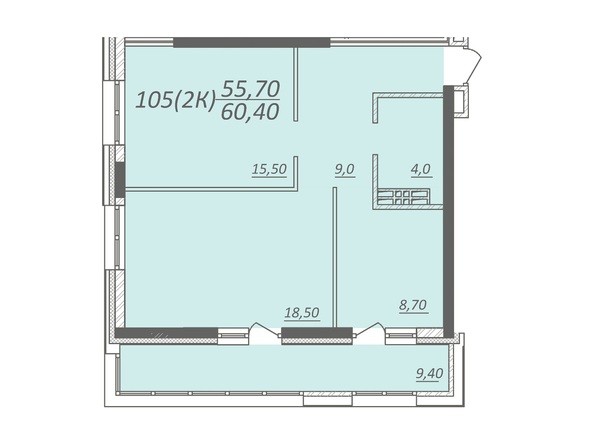 Планировка 2-комнатной квартиры 60,4 кв.м