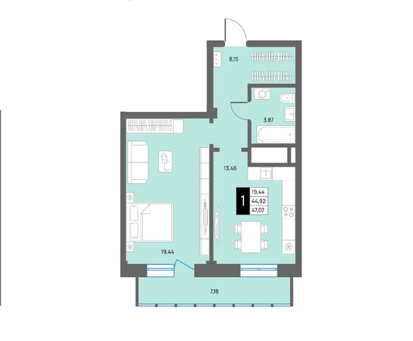 Планировка 1-комн 47,07 м²