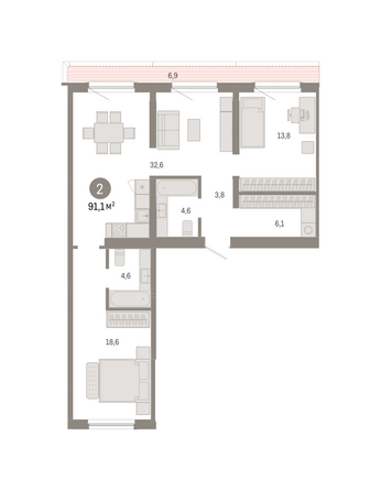 Планировка 2-комн 91,06 м²