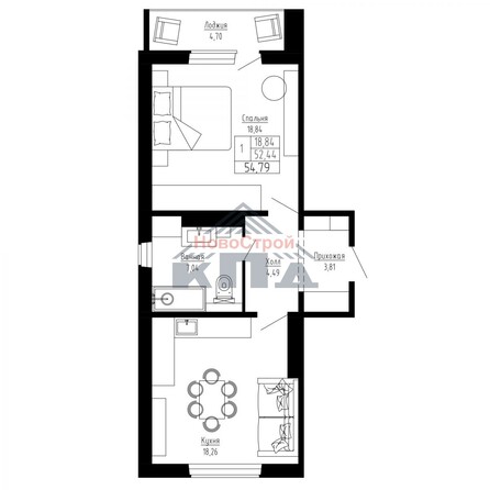 Планировка 1-комн 54,79 м²