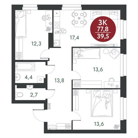 Планировка 3-комн 77,8 м²