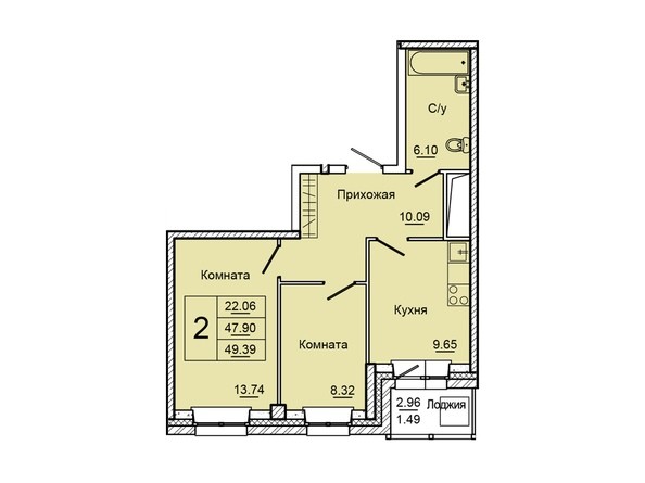 Планировка двухкомнатной квартиры 49,39 кв.м