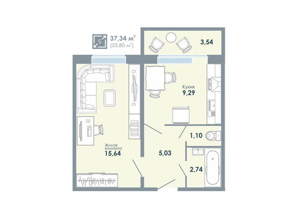 Планировка 1-комнатной квартиры 37,34 кв.м