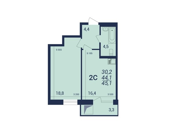 Планировка 2-комнатной квартиры 45,1 кв.м