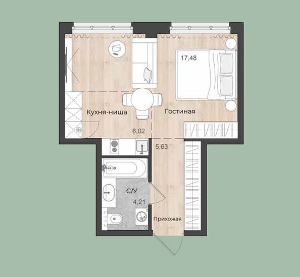 Планировка 1-комн 33,34 м²