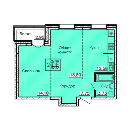 Планировка 2-комн 52,82 м²