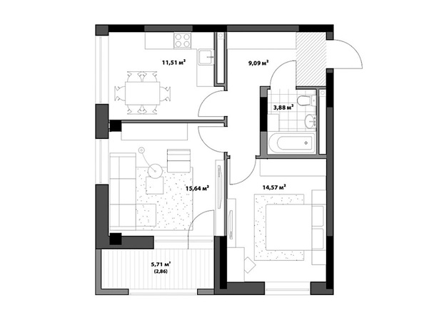 Планировка 2-комн 57,55 м²