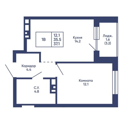 Планировка 1-комн 37,1 - 37,3 м²