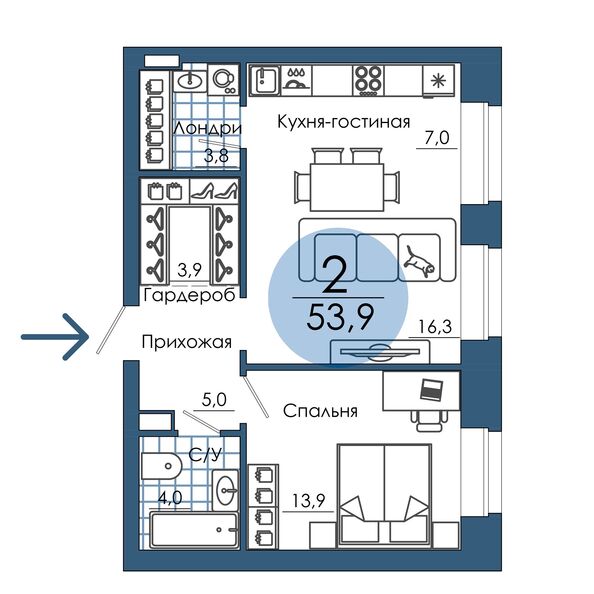 Планировка 2-комн 53,9 м²