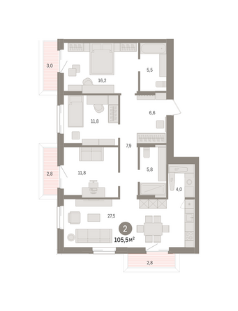 Планировка 3-комн 105,51 м²