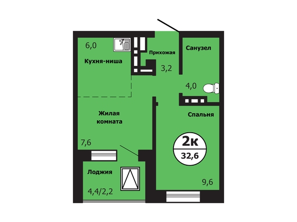 Планировка 2-комн 32,6 м²