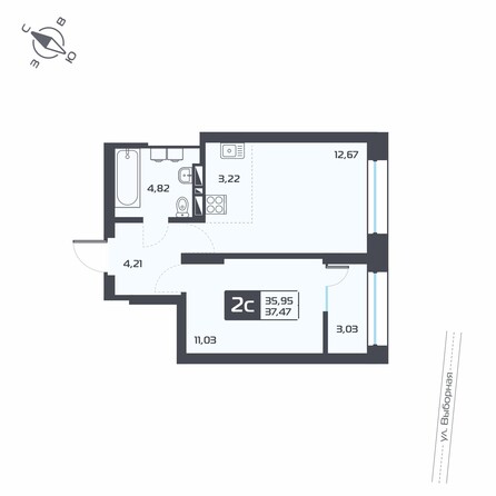 Планировка 2-комн 37,47 м²