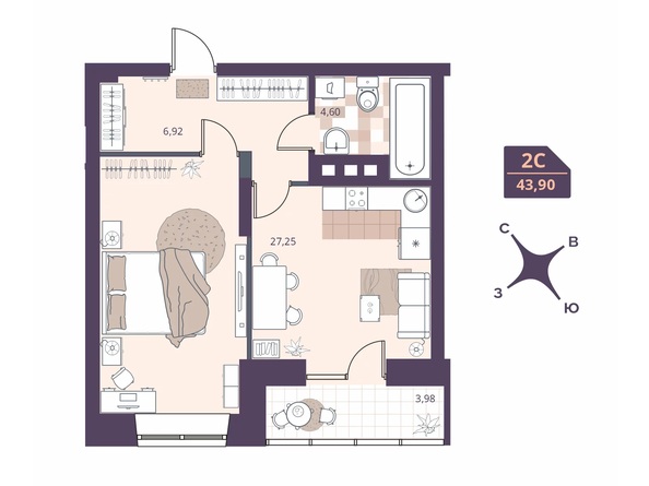 Планировка Студия 43,9 м²