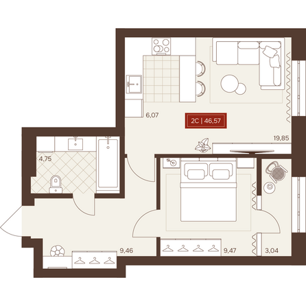 Планировка 2-комн 46,57 м²