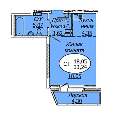 Планировка Студия 33,1 - 33,36 м²