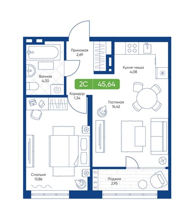 Планировка 2-комн 45,64 м²