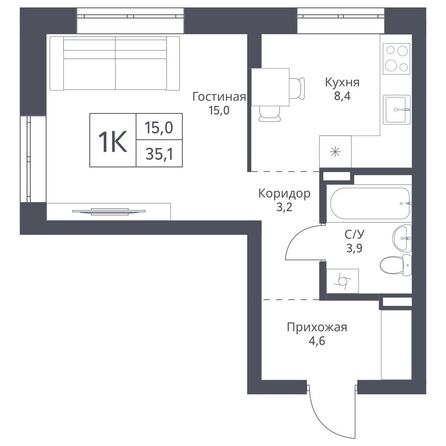 Планировка 1-комн 35,1 м²