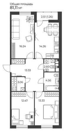 Планировка 3-комн 81,11 м²